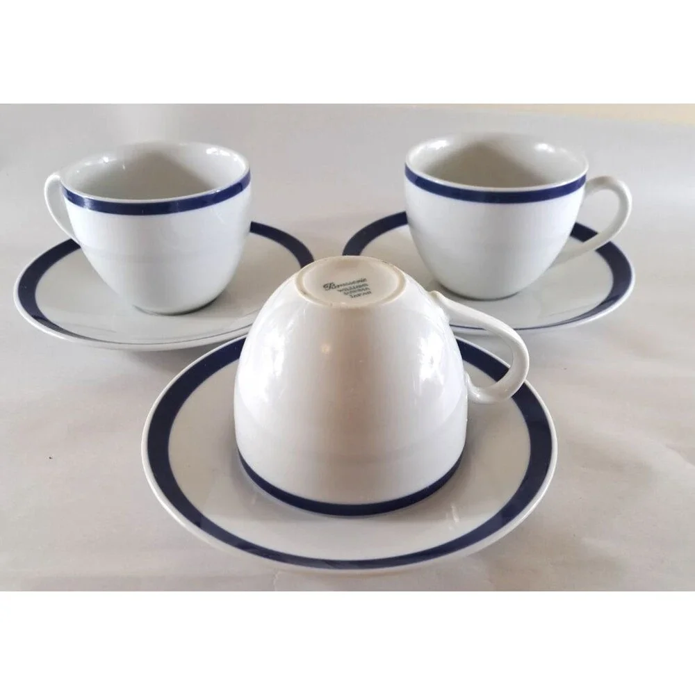 Williams Sonoma Brasserie Blue Tea Coffee Cups & Saucers Set of 6 Japan